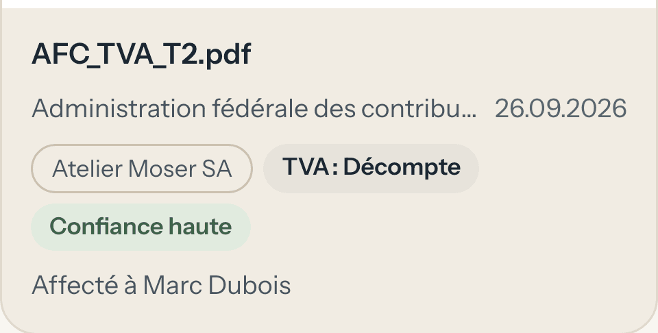 Courrier scanné et classé automatiquement : décompte TVA de l'Administration fédérale des contributions, affecté au bon dossier