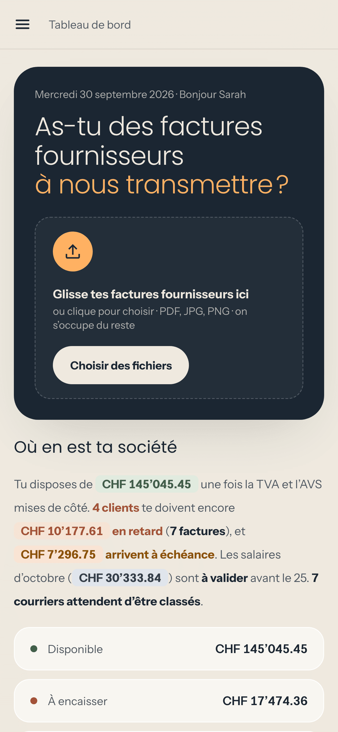 Espace client Fidufix sur mobile : déposer ses factures fournisseurs et voir où en est sa société