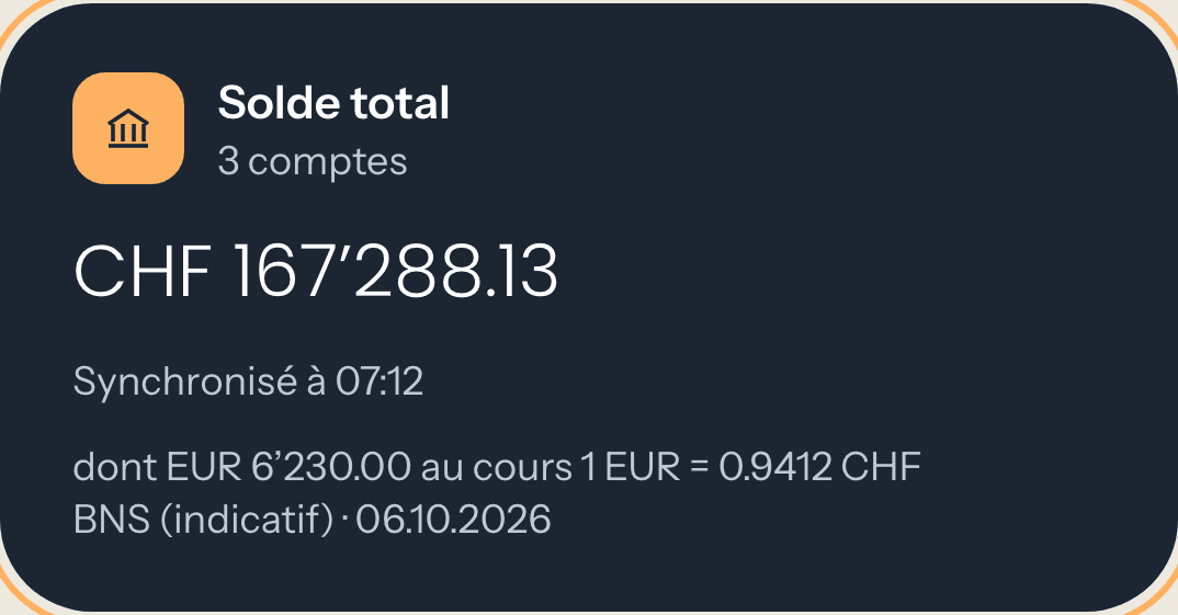 Carte « Solde total » de l'espace client : trois comptes bancaires synchronisés automatiquement