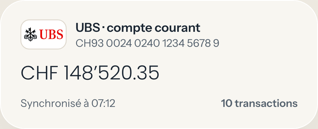 Compte bancaire synchronisé automatiquement, avec le solde et les transactions rapprochées