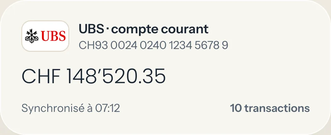 Compte bancaire synchronisé automatiquement, avec le solde et les transactions rapprochées